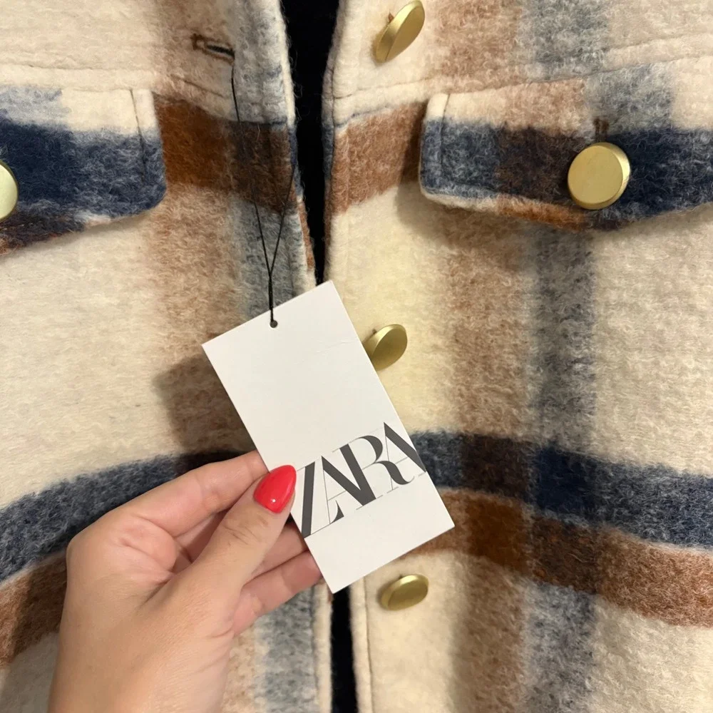 Zara Plaid Wool Blend Shacket Oversized Shirt Jacket Tan Blue NEW